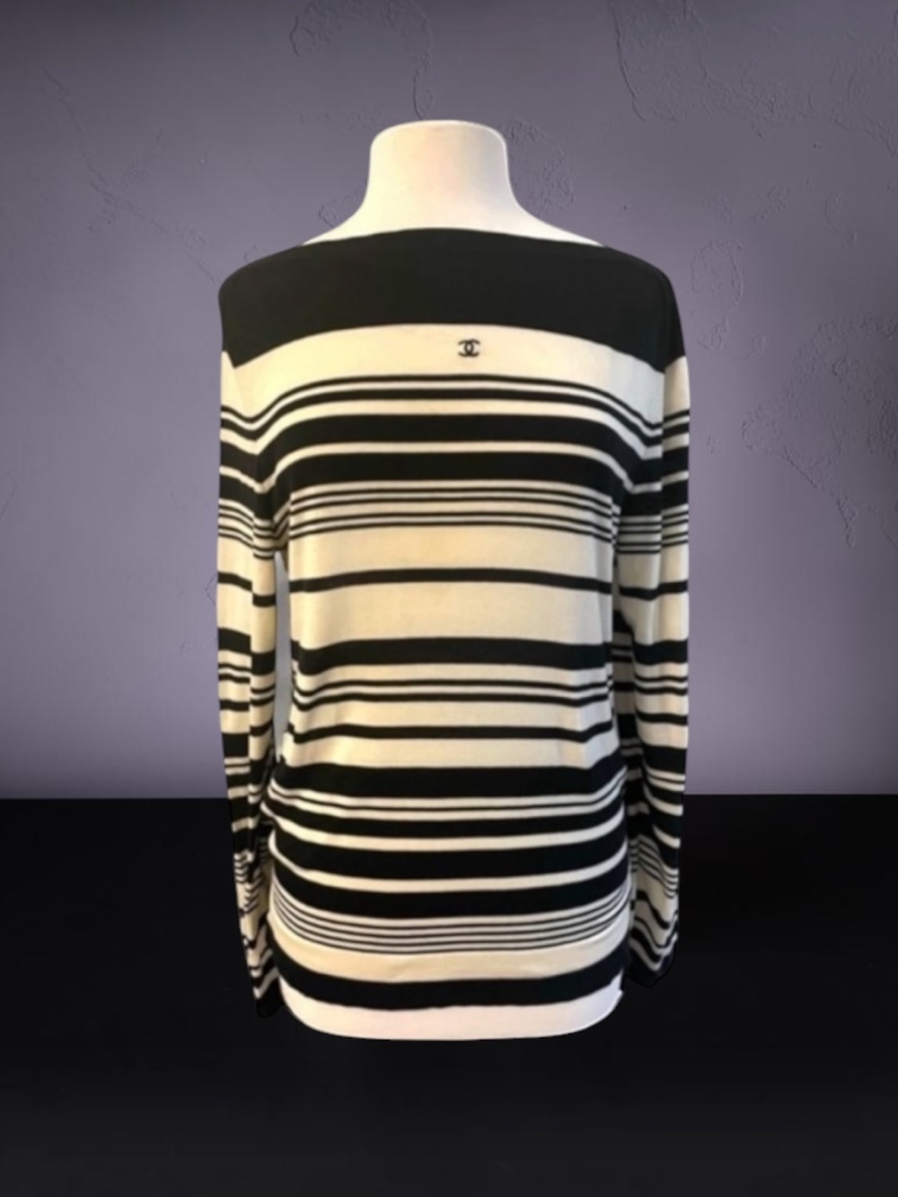 Chanel Classic VTG Black Ivory Stripe COTTON Sweater Size EU 44